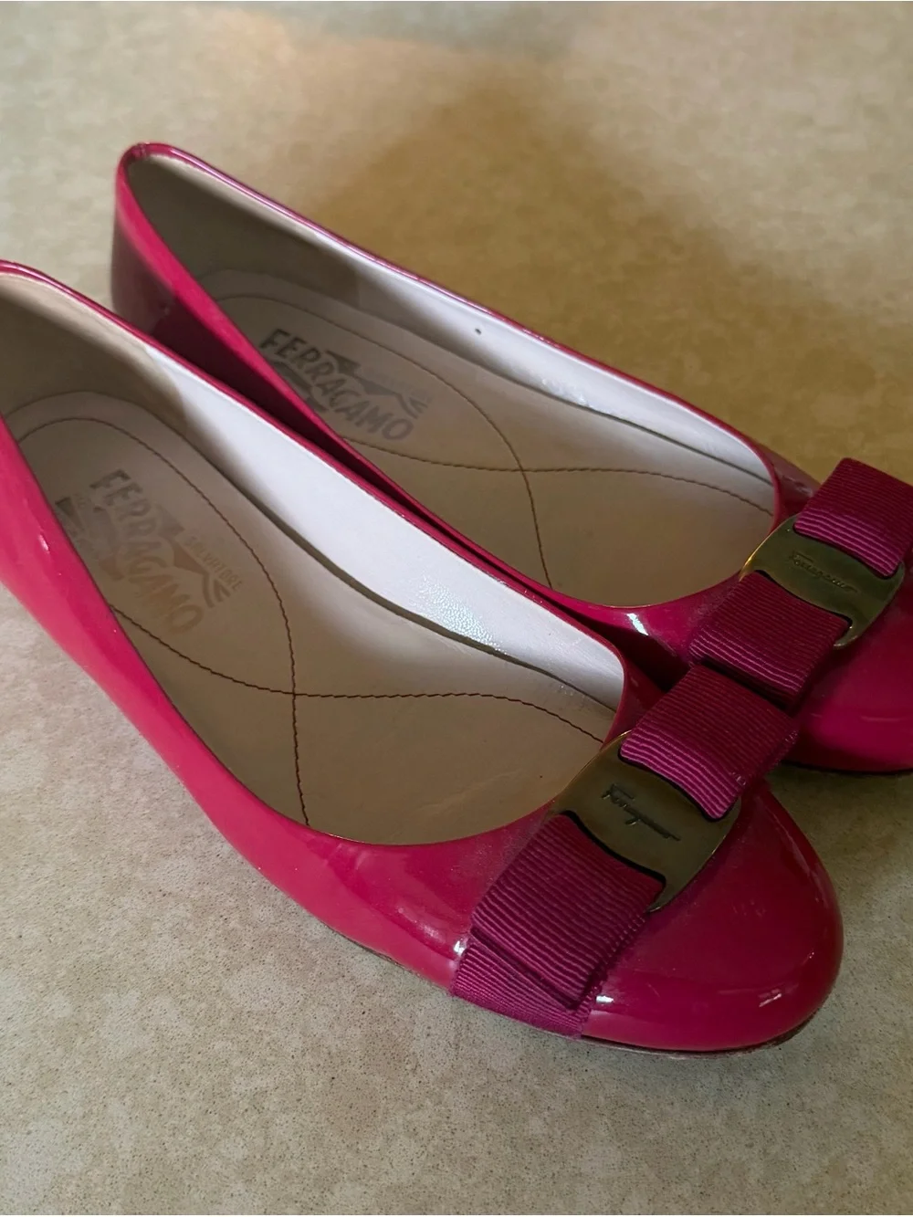 Salvatore Ferragamo Pink Patent Leather Vara Bow Flats